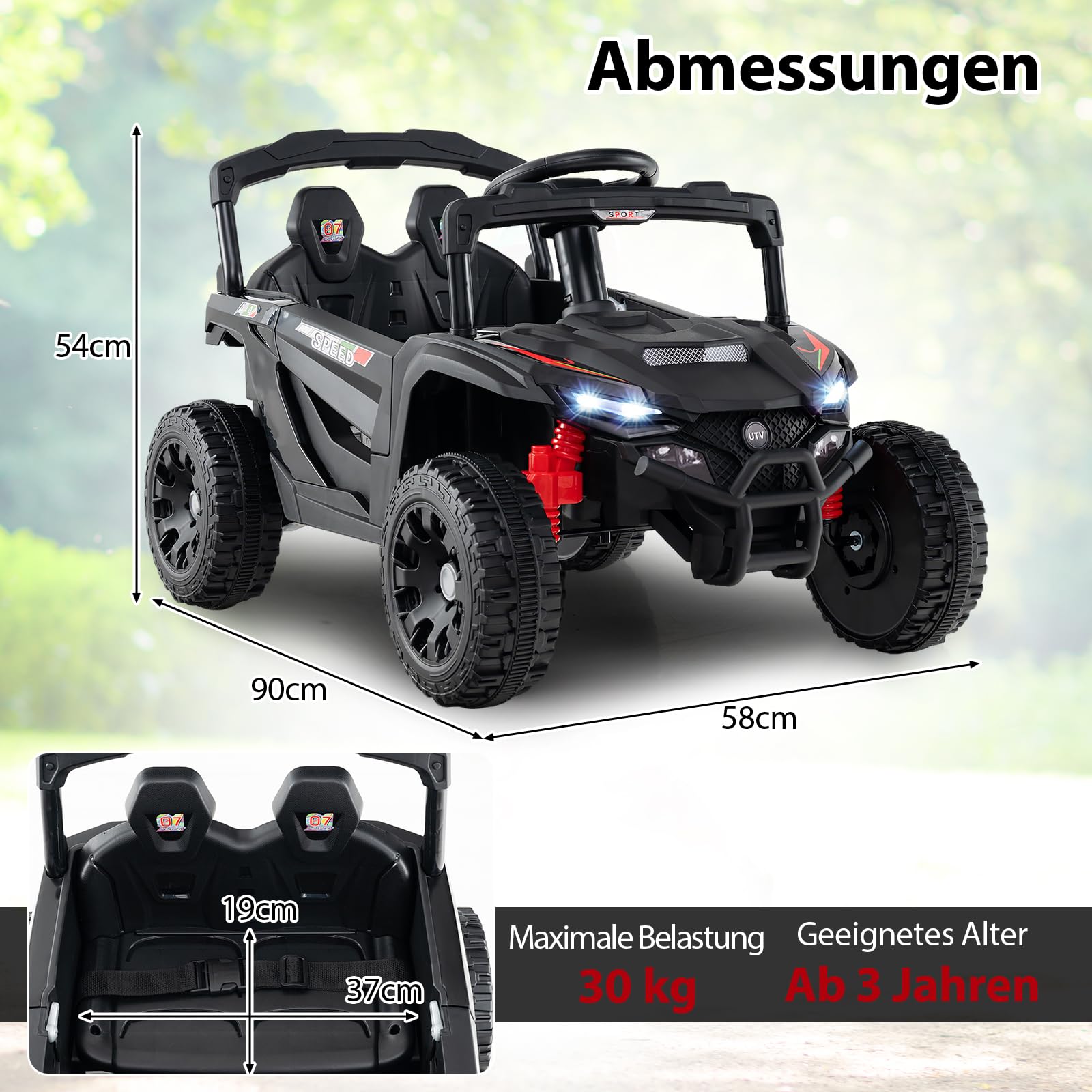 COSTWAY 12V Elektroauto Kinder, Elektrischer UTV-Truck mit Fernbedienung, 3 Geschwindigkeiten, LED-Lichter, Musik, Hupe & Federung, Kinderauto Kinderfahrzeug für Jungen & Mädchen ab 3 Jahren (Schwarz)