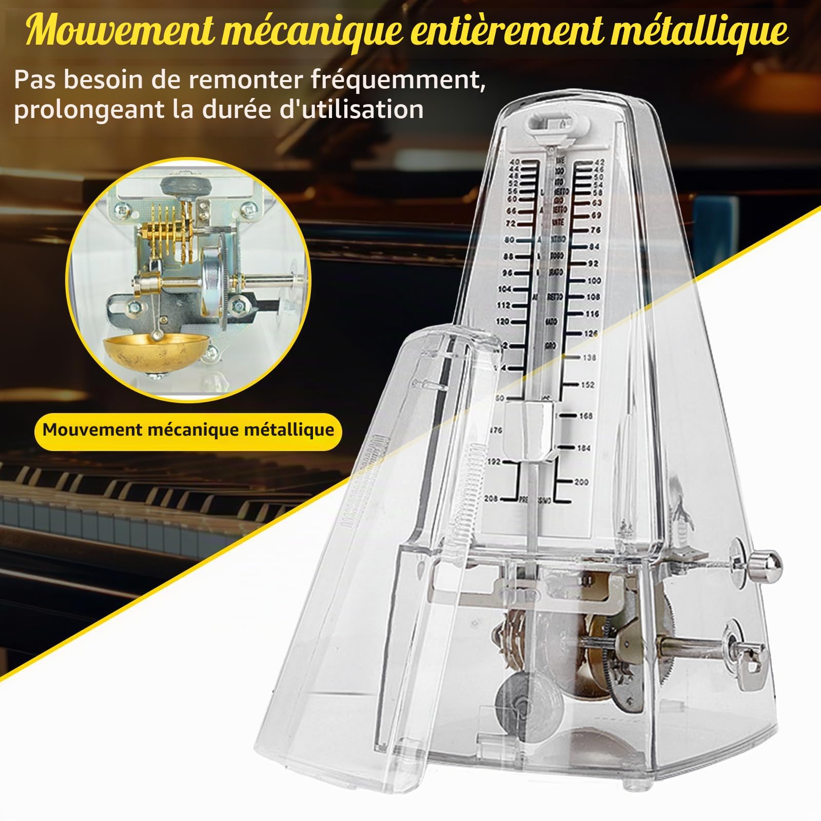 Métronome mécanique transparent Métronome mécanique pour piano, guitare, ukulélé, violon et chromatique, son fort, haute précision Track Beat et Tempo