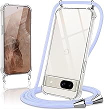 Case with Cord for Google Pixel 8a (5G) 6.1 Inches, Adjustable Phone Case Lanyard Case Transparent Soft TPU Silicone Shockproof Protection Cover, Purple