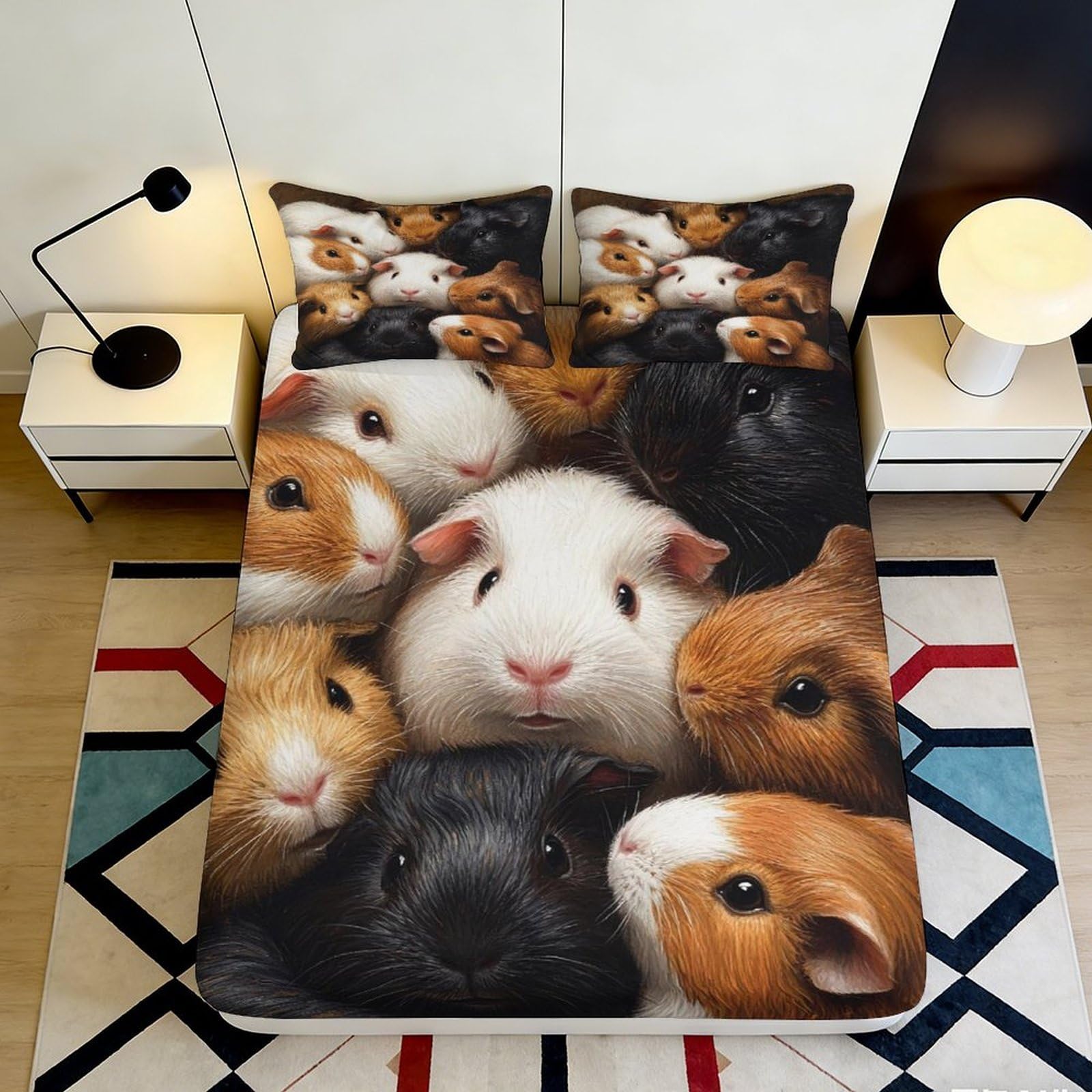 3D Printed Guinea Pig Fitted Sheet Microfiber Soft Breathable Cute Rodent Bed Cover for Bedroom Dorm Mattress Protection Decor 90x200x25cm
