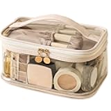 Large Clear Makeup Bag Big Cosmetic Bags Waterproof Toiletry Orangizer with Handle Transparent Toiletries Case Travel Pouch for Women Girls Daily Beauty Purse Essentials Skincare Bag Off White