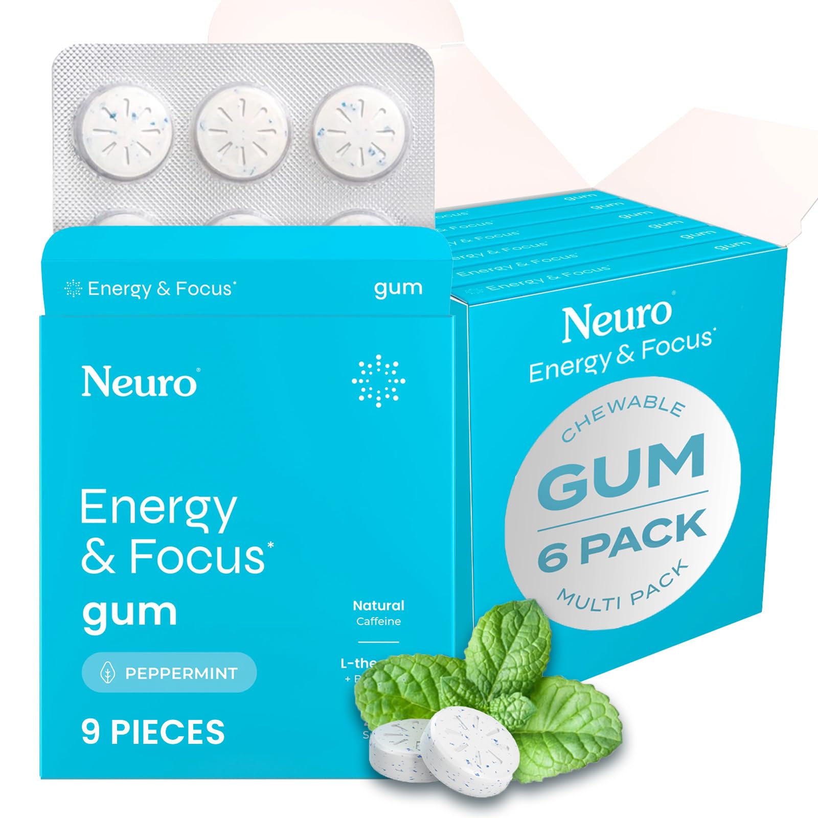 NeuroGum Energy & Focus Gum (54 Count-6 Pack, Peppermint) | 40mg Natural Caffeine + L-Theanine + Vitamin B12 & B6 + Xylitol | Sugar Free Nootropic Cognitive Brain Performance Supplement