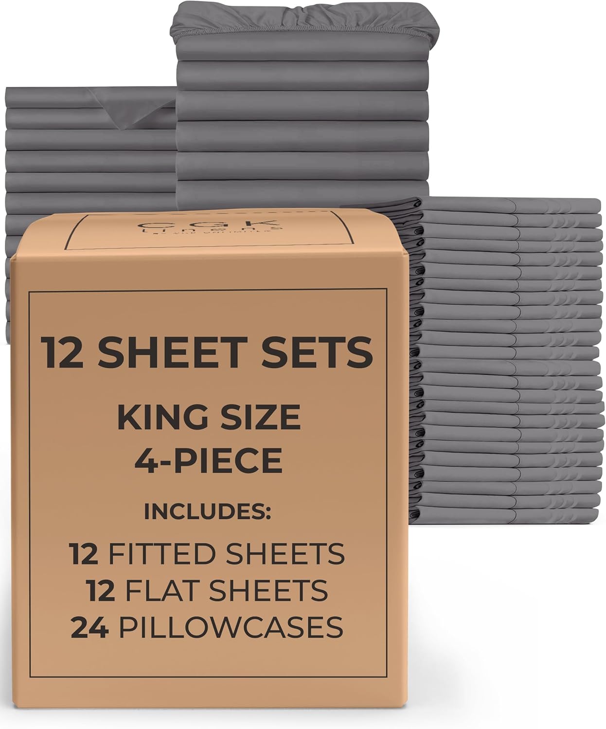 Bulk Case Pack of 12 Sheet Sets - (12) Complete Sheet Sets - Bulk King Bedding - Wholesale Case Pack for Hotels, Spa & Airbnbs - Deep Pockets & Wrinkle Free - Cooling & Breathable - King, Dark Grey