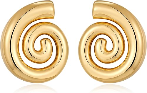 HESSAWELL Gold Spiral Earrings for Women Vintage Chunky Earrings Statement Stud 