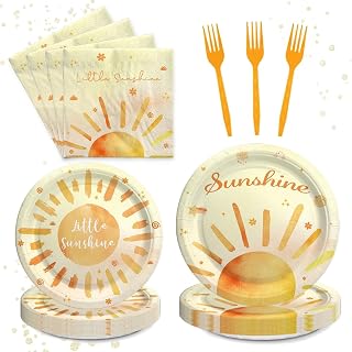 Boho Baby Shower Party Supplies Decorations Set, My Little Sunshine is on the Way Party Decor for Kids, Sun themed Birthday Tableware, Boho Plates, Napkins, Forks, Serves 24 Guests