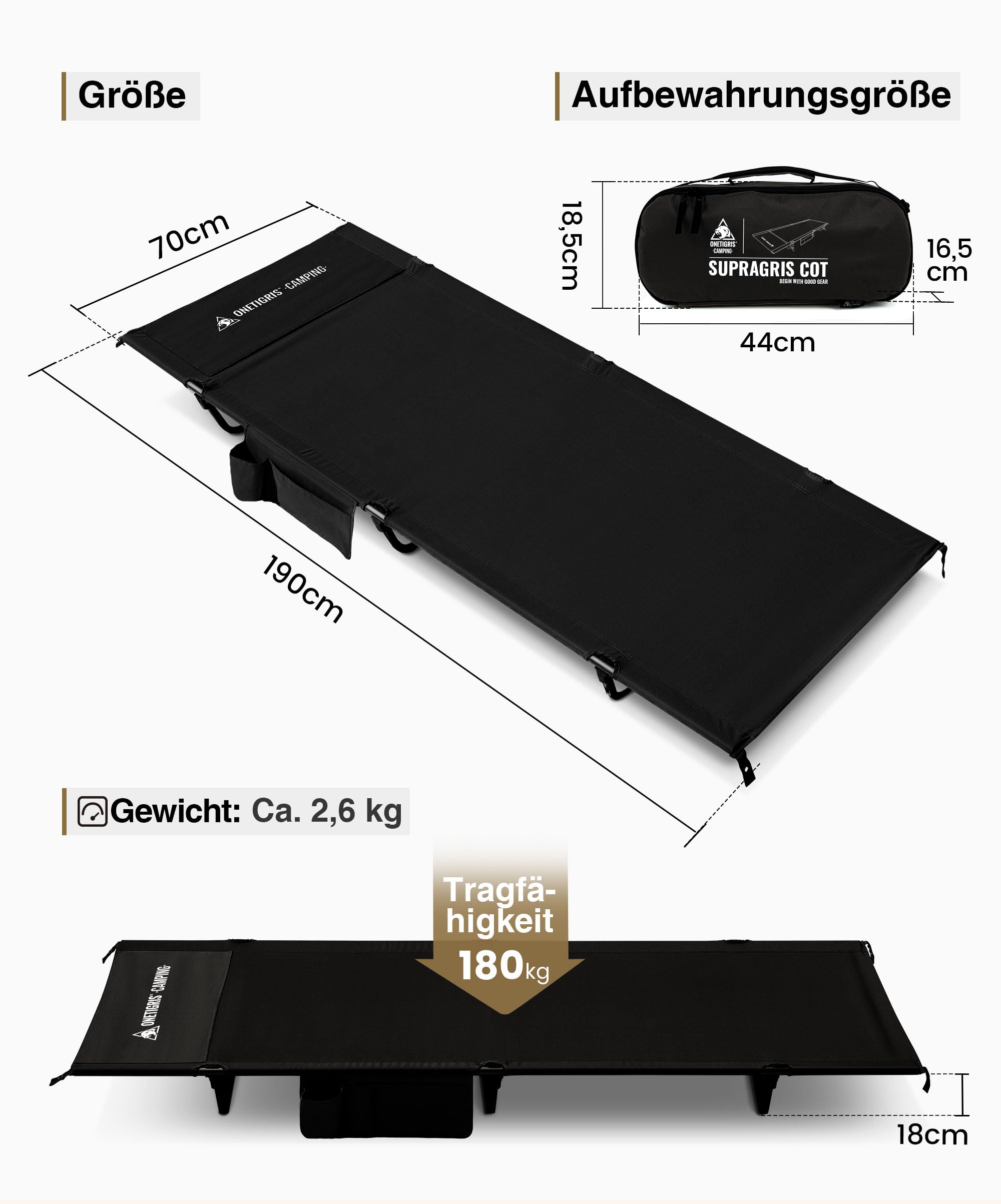 OneTigris SUPRAGRIS Feldbett klappbar, tragbar Campingbett faltbar leicht, Klappbett Camping bis 180 kg für Zelt, Outdoor, Reisen, Garten, Büro(190 × 70 × 18 cm)