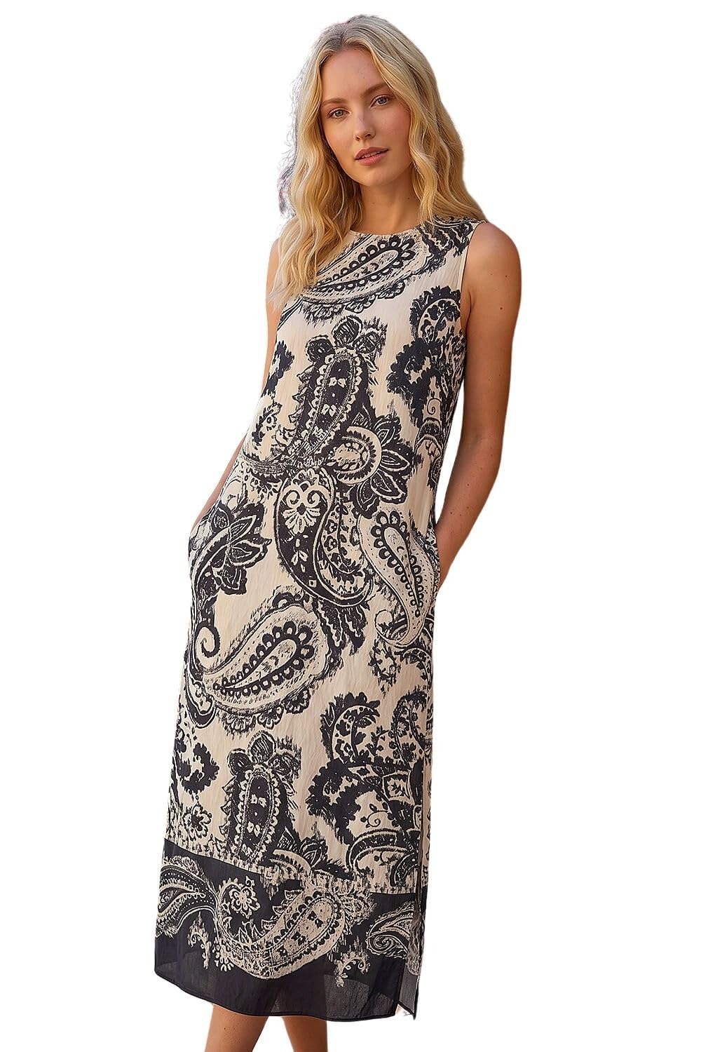 Roman Originals Women's Black Paisley Print Midi Dress For Uk - Everyday Holiday Spring Summer Round Neckline Comfy Soft Evening Vacation Work Party - Size 18