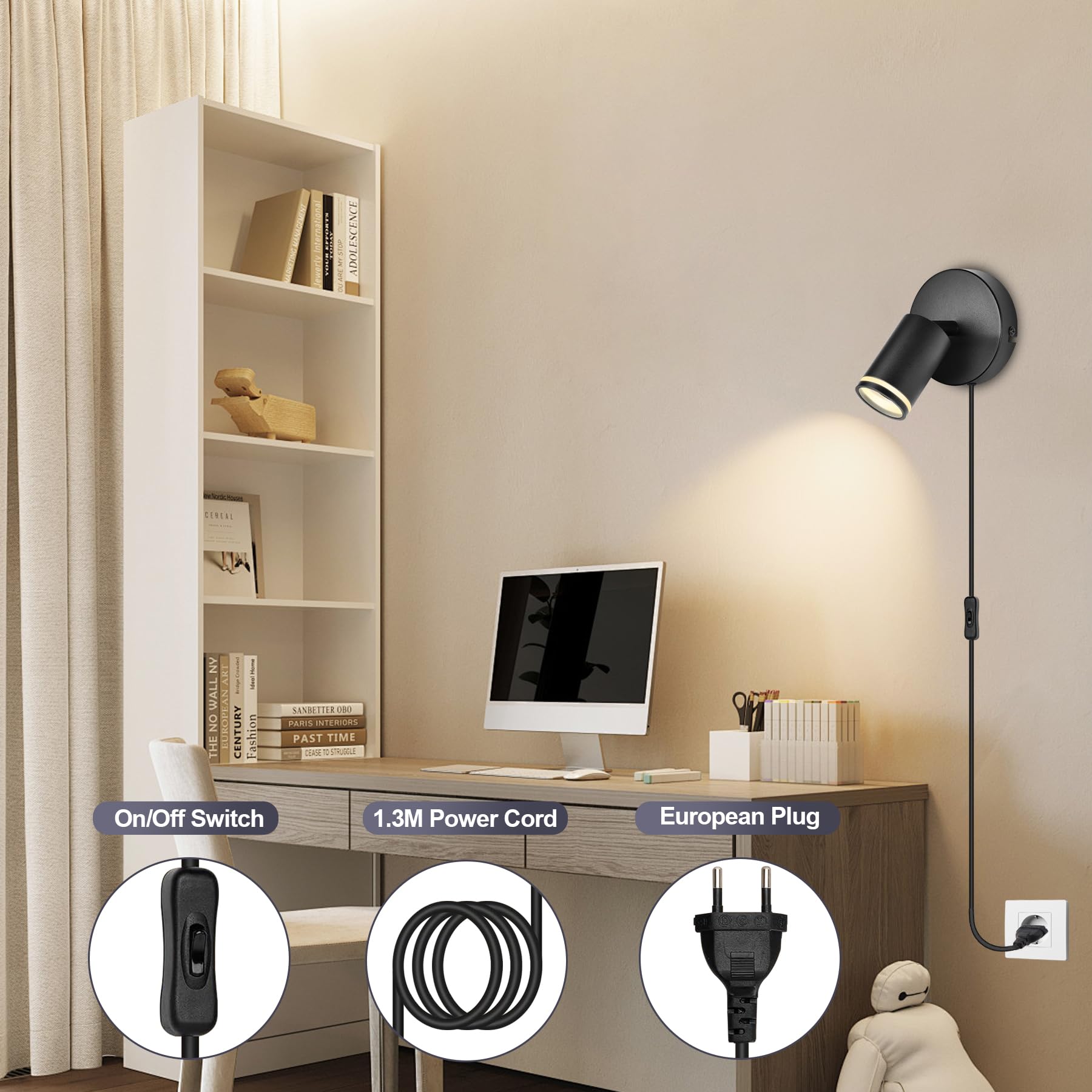 BOYIR Wandlamp met schakelaar Zwenkbaar 350° - Wandlamp binnen met stekker en schakelaar Zwart Wandspot GU10 Wandlamp met kabel voor woonkamer slaapkamer, keuken, gang, Zonder lichtbron