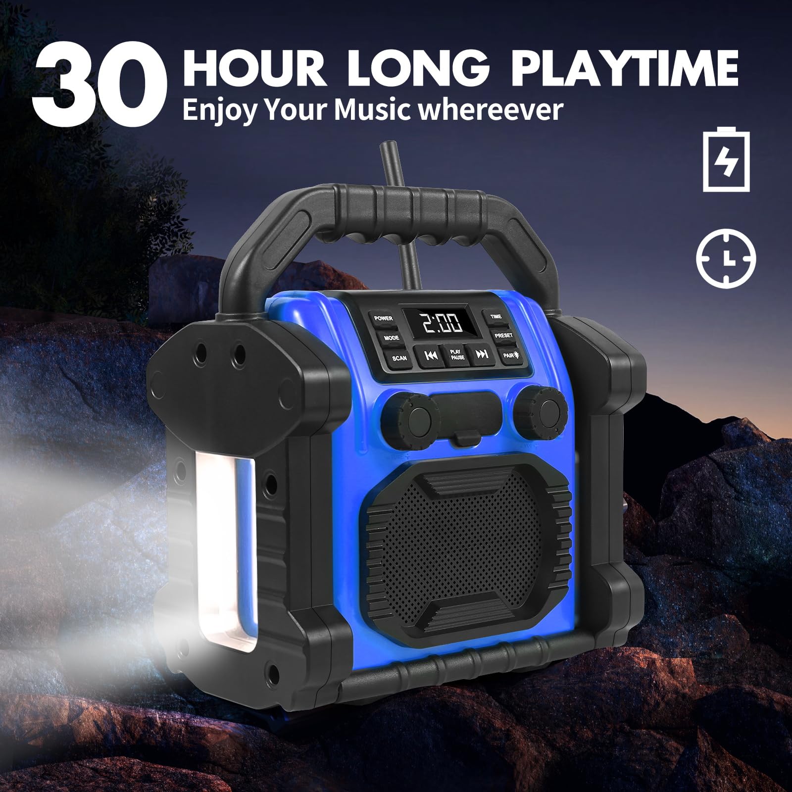 Baustelleradio Outdoor Lautsprecher Bluetooth Wireless, 30W IPX 66 wasserdicht FM-Uhr-Radio, tragbar mit LED-Lichtern, Kollisionsschutzradios für Outdoor/Arbeit/Garage (P250)