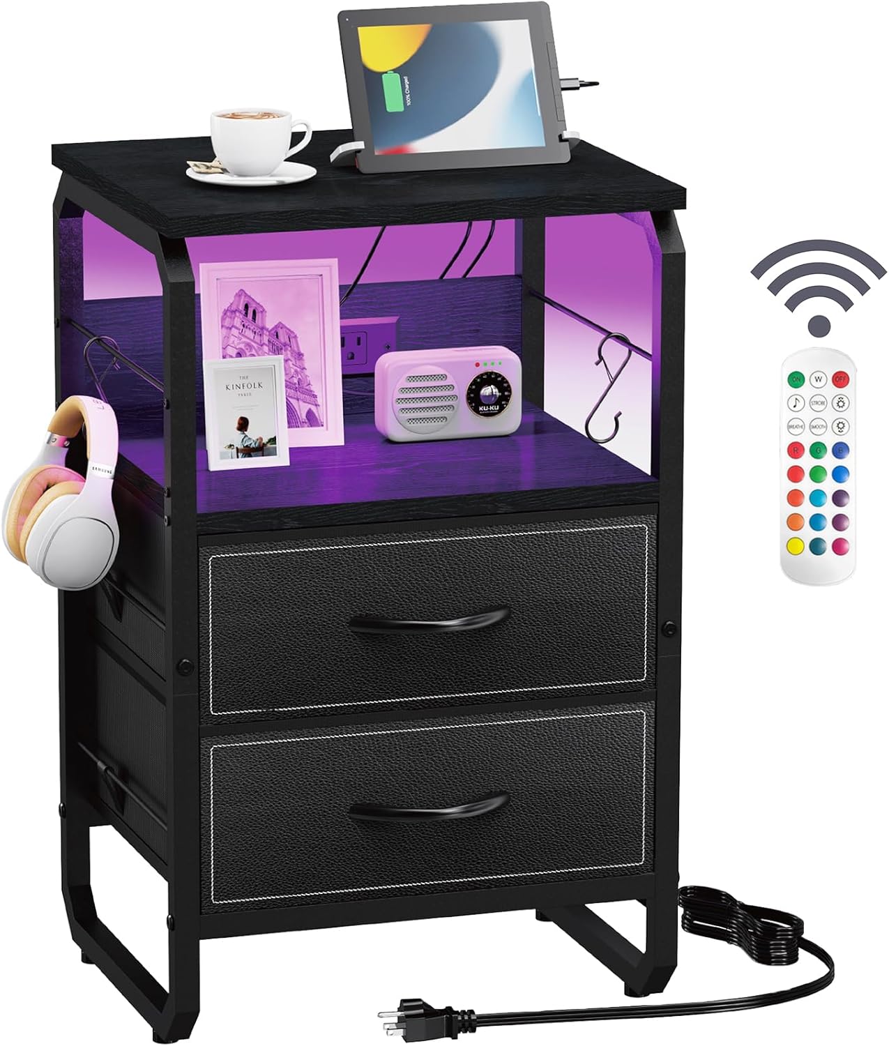 Tall Nightstand Set of 2 with Charging Station, Bed Side Tables Bedroom Set of 2, LED Night Stand Set 2, Bedside Table with Drawers, Night End Table with Storage for Bedroom, Dorm Rustic Brown