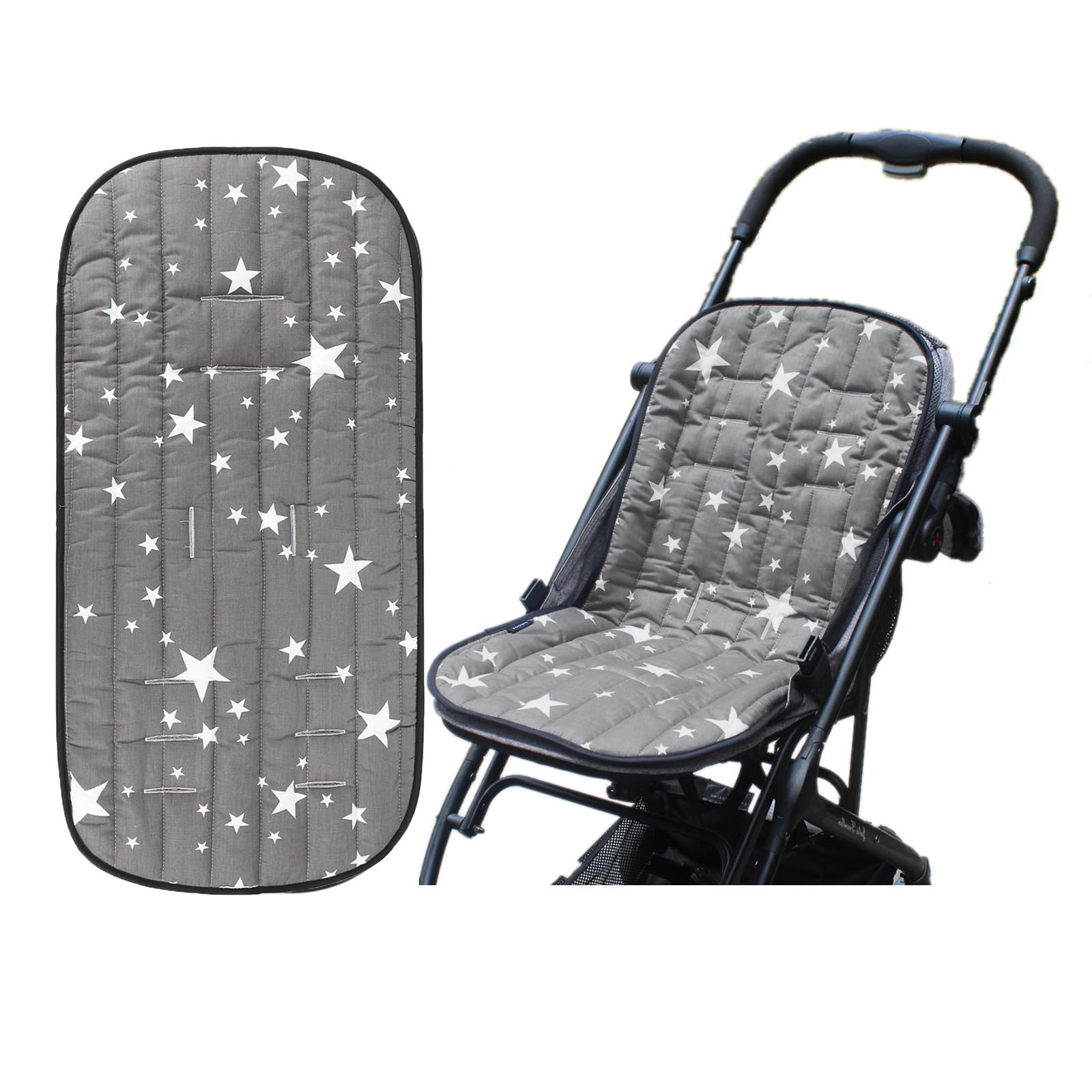 Doublure de siège de poussette pour bébé - Coussin universel respirant pour poussette - Coussin de poussette en coton épais - Housse de siège pour voiture (étoiles grises)