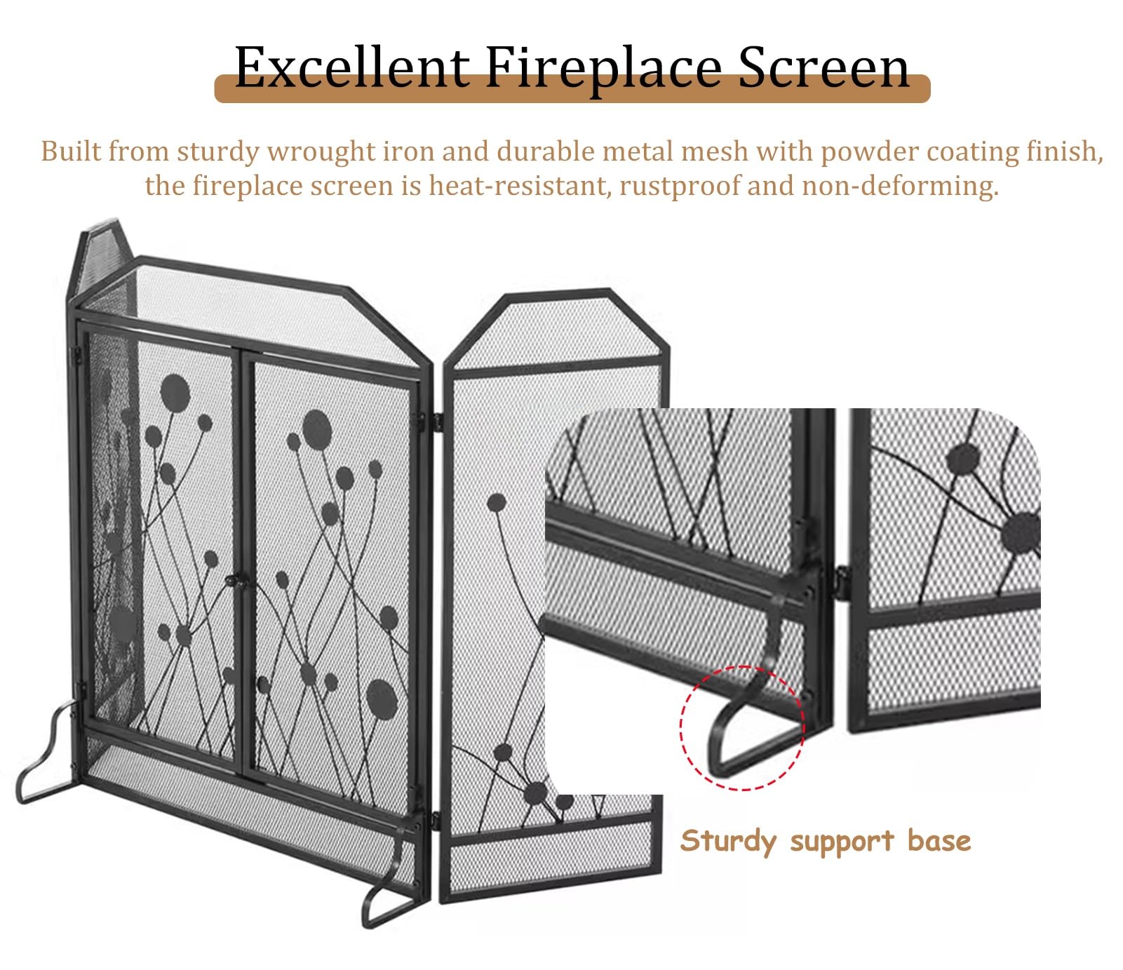 Salvachispas Chimenea Mampara de Chimenea Plegable de 3 Paneles con Puertas Dobles, Malla Protectora Negra para Estufa de Leña para El Hogar, Cubierta Moderna con Bisagras y Puerta a Prueba de Chispas