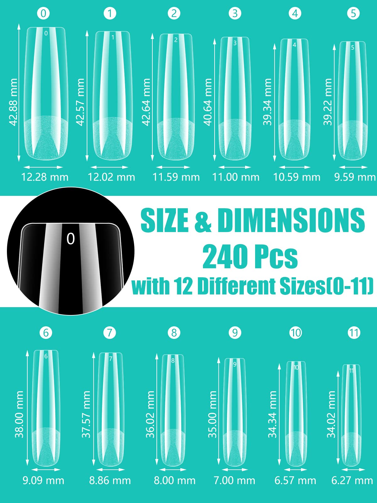 Deciniee Nail Tips: 240pcs 12 Sizes Full Coverage Long Square Nails Tips, Clear Acrylic False Nail - Image 2
