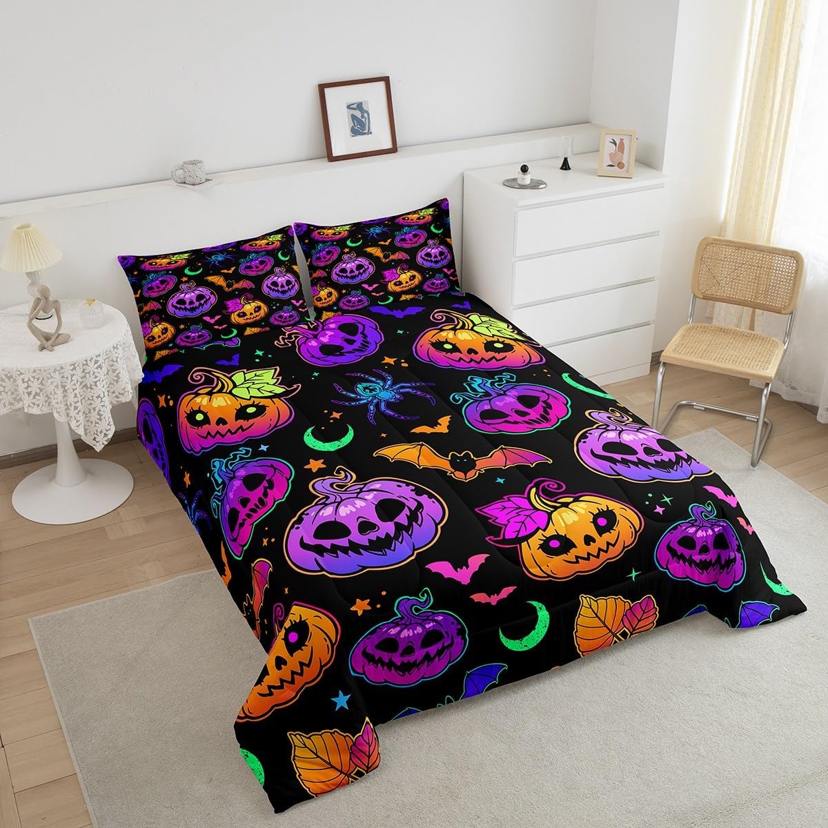 Feelyou Halloween Comforter Set for Kids Boys Girls 2 Pieces Pumpkin Lantern Bedding Set Halloween Decorations Comforter Twin Size