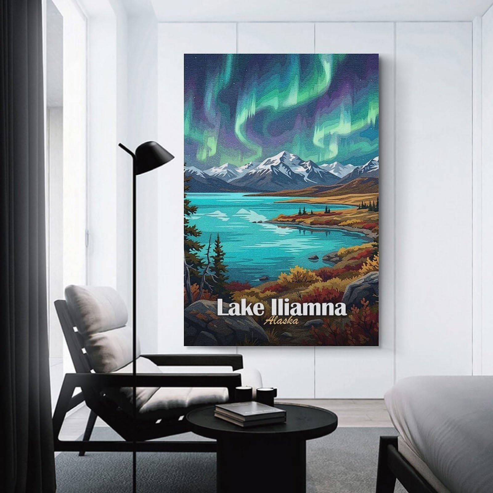 Junmoney Lake Iliamna Alaska Aurora Landscape Art Room Decor Wall Art, 16x24inch(40x60cm), for Entrance Walls, Hall Decor Or Foyers, A Neat Decor Update for Hallways