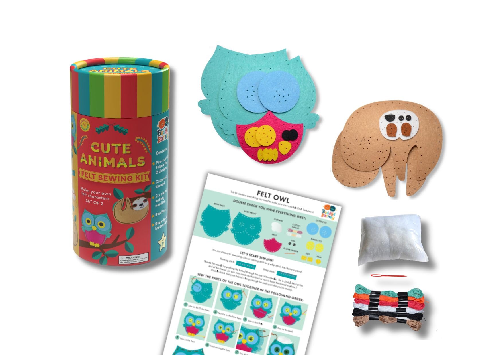 Buddy & Barney Green Felt Sewing Kit Tube - Cute Animals | Kids Safe Sewing Activity Set Animal Arts And Crafts For Children Owl Sloth Easy To Learn Plush Fun For Beginners Diy