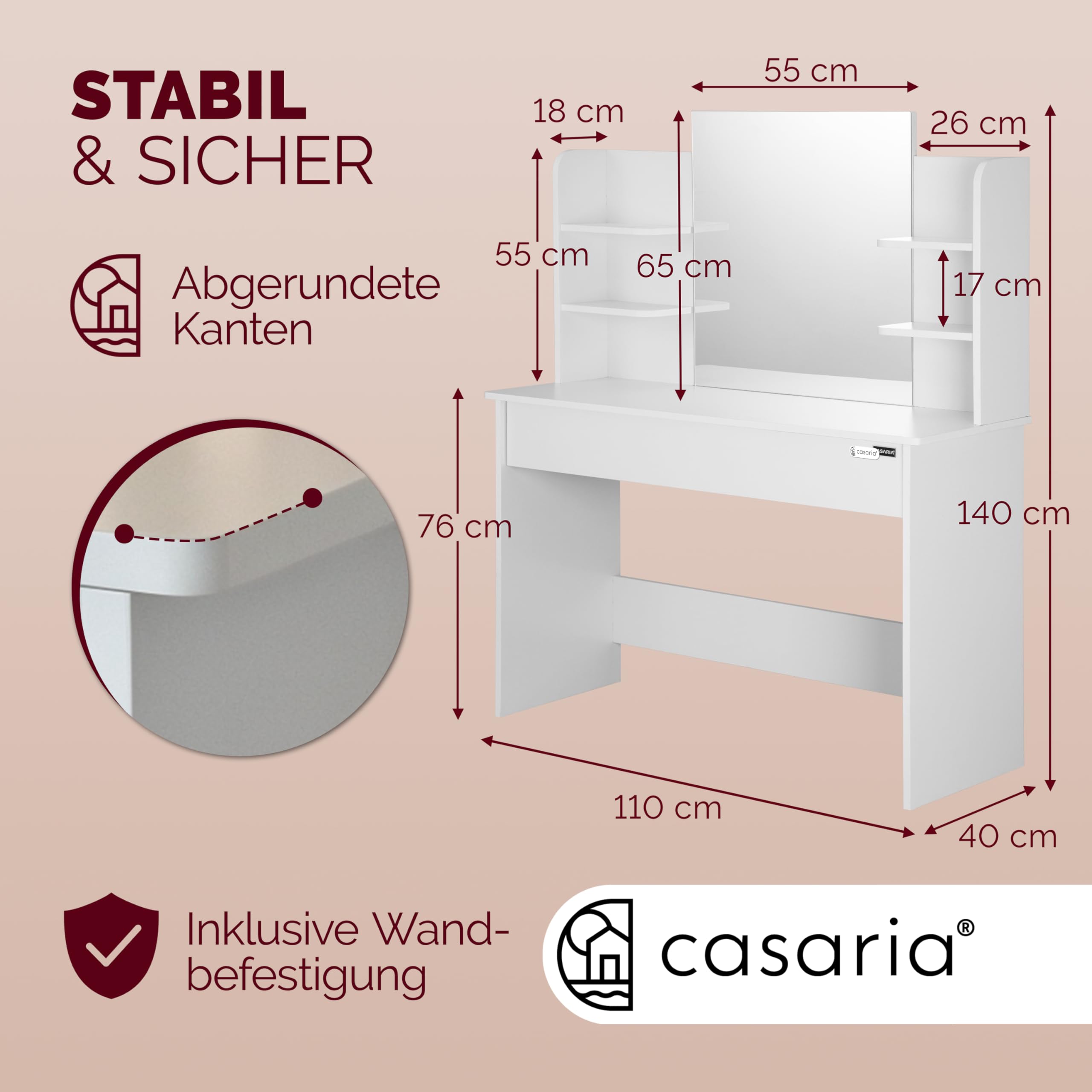 Casaria Make Up Tafel Lucia 140x108x40cm Verlichting Lade En Spiegel 4 Planken Vloerbeschermer Hout Kaptafel Wit 658074089