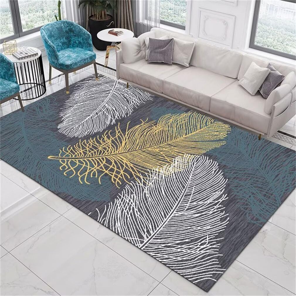 Tapis salon bleu 100x160cm lavable et doux à motif plumes pour chambre enfant