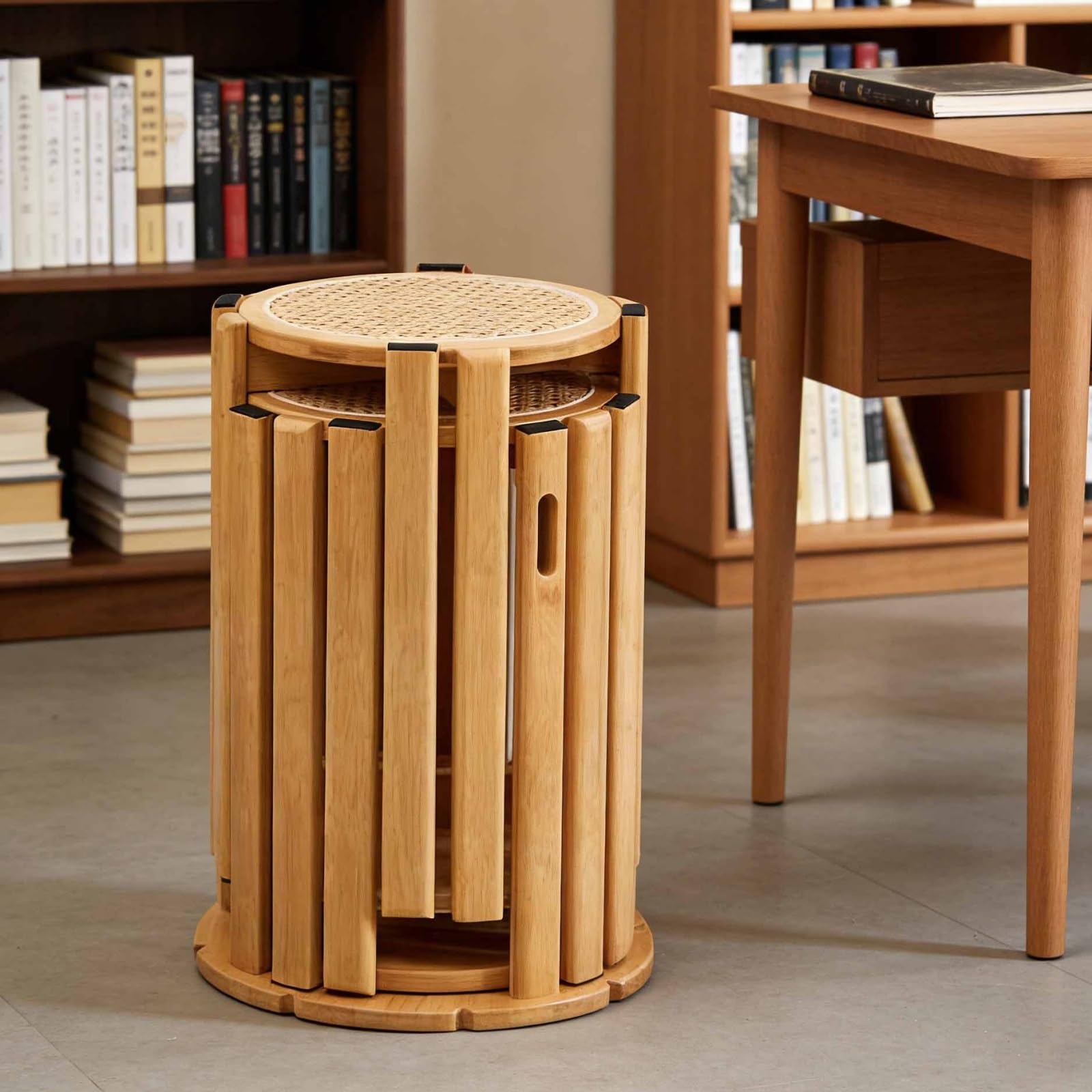 XNZJHPP 6-in-1 Stackable Rattan & Bamboo Nesting Stools Set of 6 - Versatile Coffee & End Tables for Living Room, Patio, and Outdoor Use (Without Wheels A)