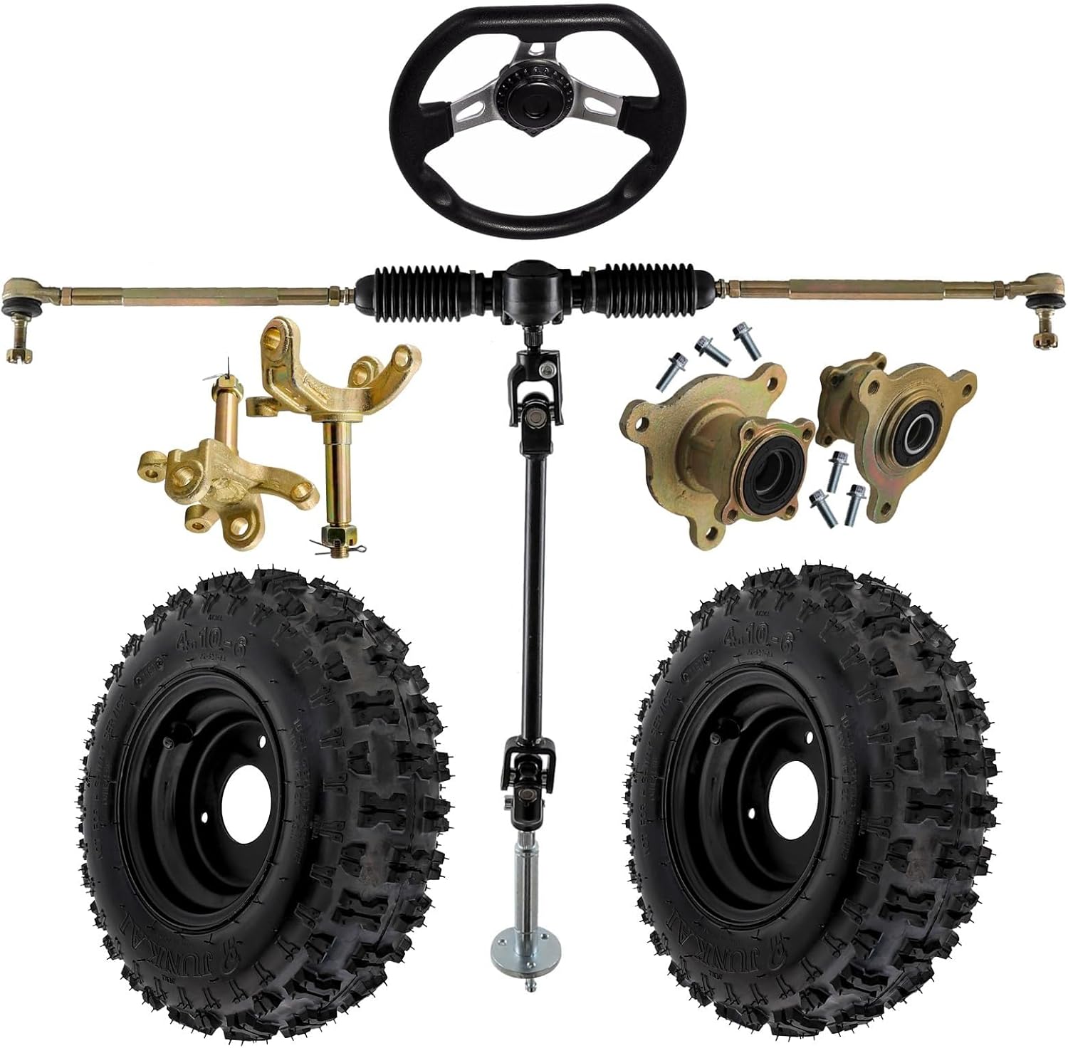 6" 13x5.00-6 Go Kart Wheels and Tires with Steering Rack Kit – 3 Bolt Tire Rim Wheel Assembly, Steering Gear Rack Shaft Set, Fits ATV UTV Go Kart Drift Trike Buggy Quad