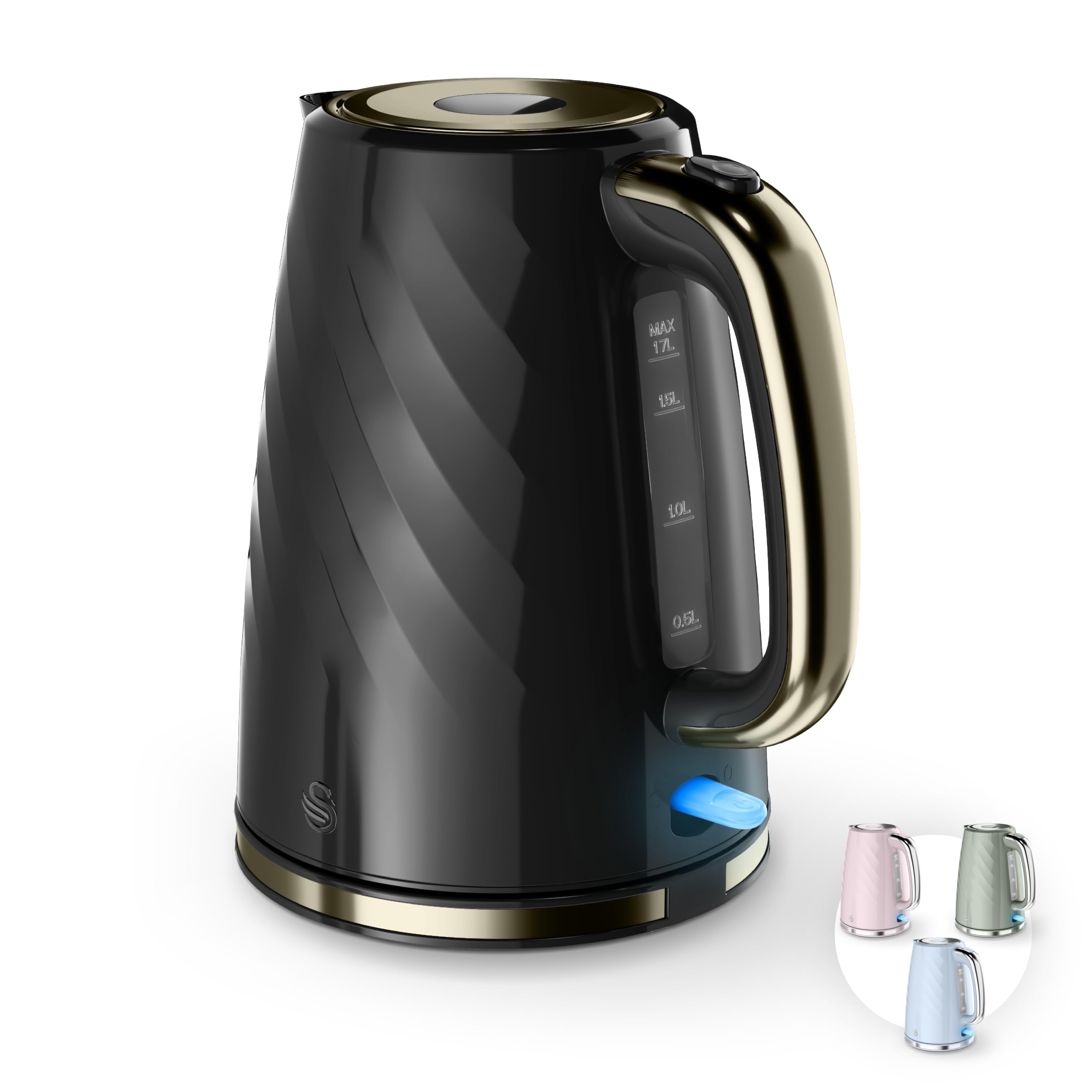 Swan Windsor 1.7L Kettle, Rapid Boil, Push Button Lid, 360 Degree Base, Water Indicator Window, Boil Dry Protection, Anti-Slip Feet 3kW, Black with Gunmetal Brass Trim, SK14611GBLK