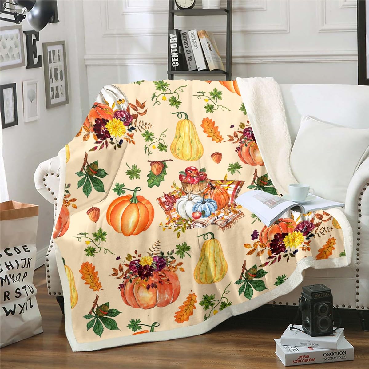 Coperta In Pile 'Ciao Autunno' Con Foglie D'acero E Zucche - 100x130 Cm, Regalo Perfetto