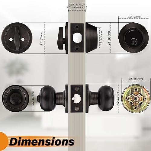 Miniatura 4 de Probrico Juego de pomo redondo para puerta de entrada y cerrojo de cilindro único, bronce aceitado, paquete de 1