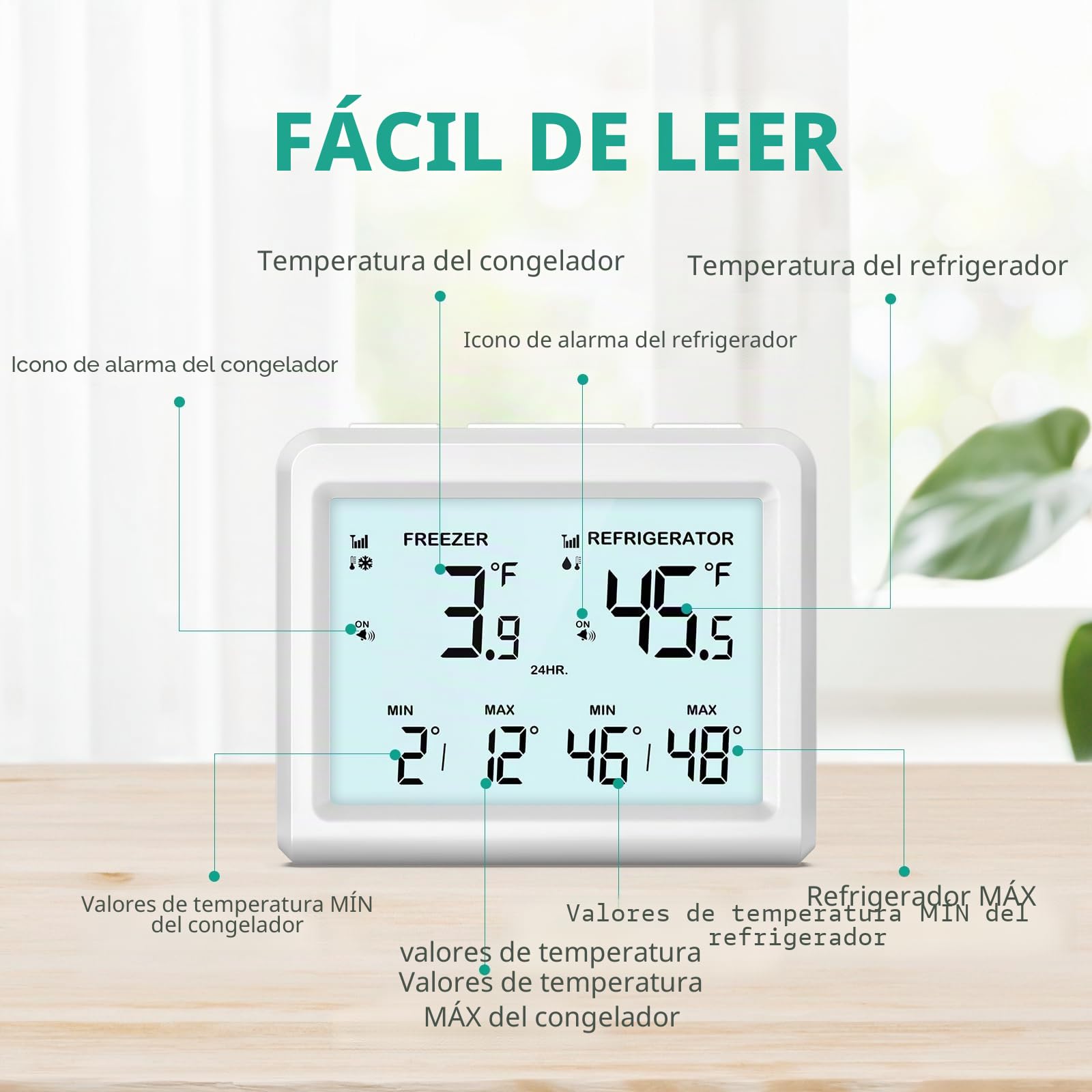ORIA Termómetro Digital para Congelador, Termómetro para Nevera con 2 Sensores Inalámbricos, Pantalla LCD de 3,7", ℃/℉, Registro Min/Max, 2 Opciones de Montaje para Hogar y Restaurantes