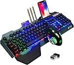 Jeu sans fil Clavier et souris,Rainbow Backlit Souris de clavier rechargeable avec 3800mAh Panneau en métal de batterie, Repos mécanique amovible de la main et 7 Mute souris de jeu couleur pour PC Joueurs
