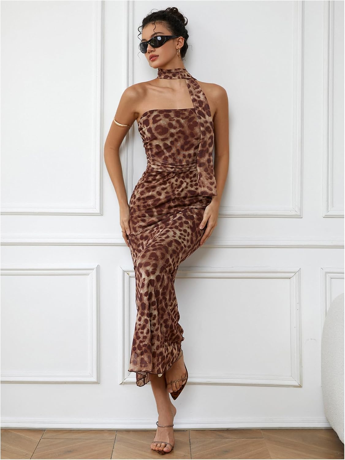 Milumia Women's Leopard Print Strapless Bodycon Maxi Dress Mesh Long Tube Top Dress - Image 5