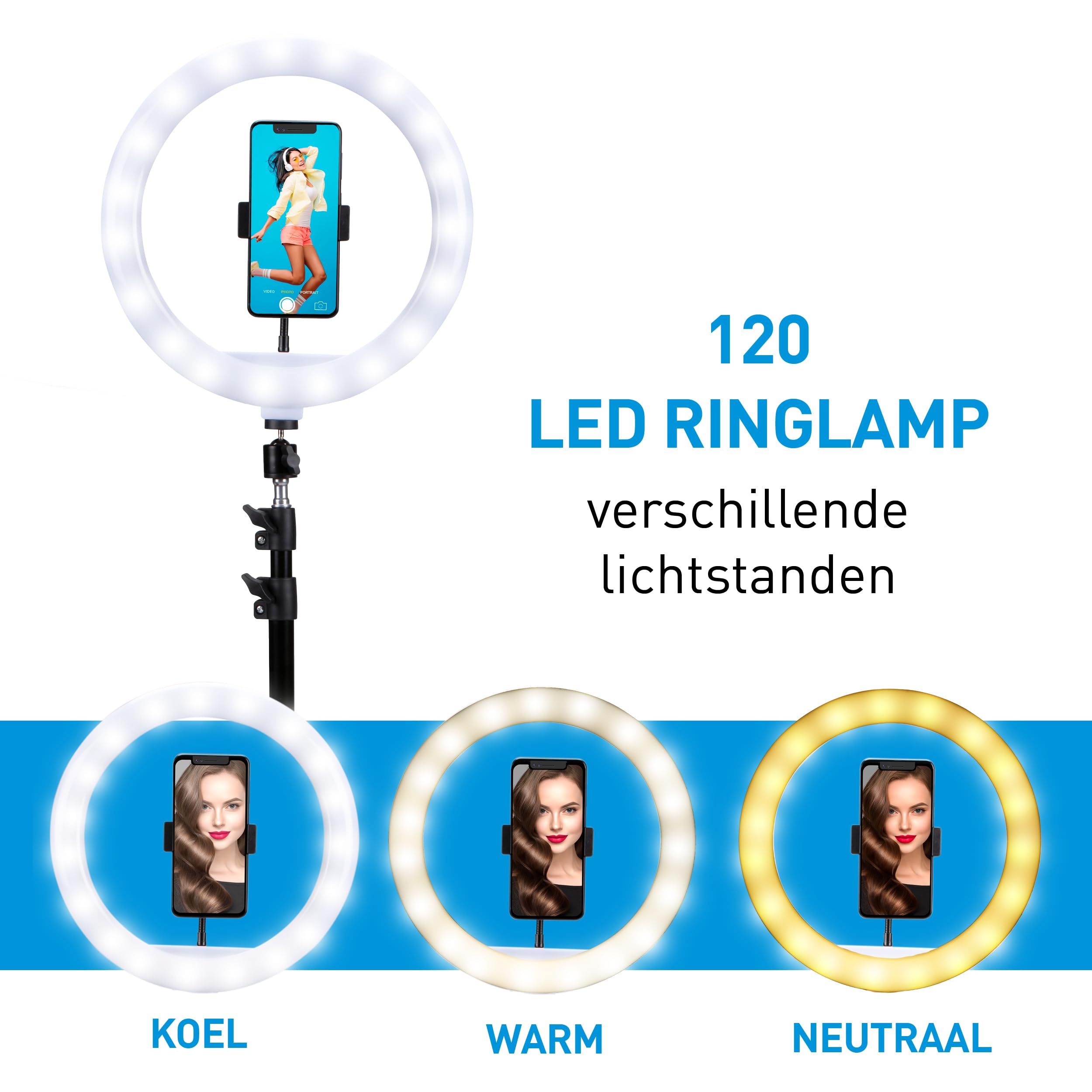 Brixy Ring Light Met Statief - LED - 3 Kleuren - Verstelbaar Statief Tot 186m - Inclusief Stekker - Selfie Ringlight voor Tiktok/Instagram/Youtube/ Streaming/Thuis Werken - Zwart