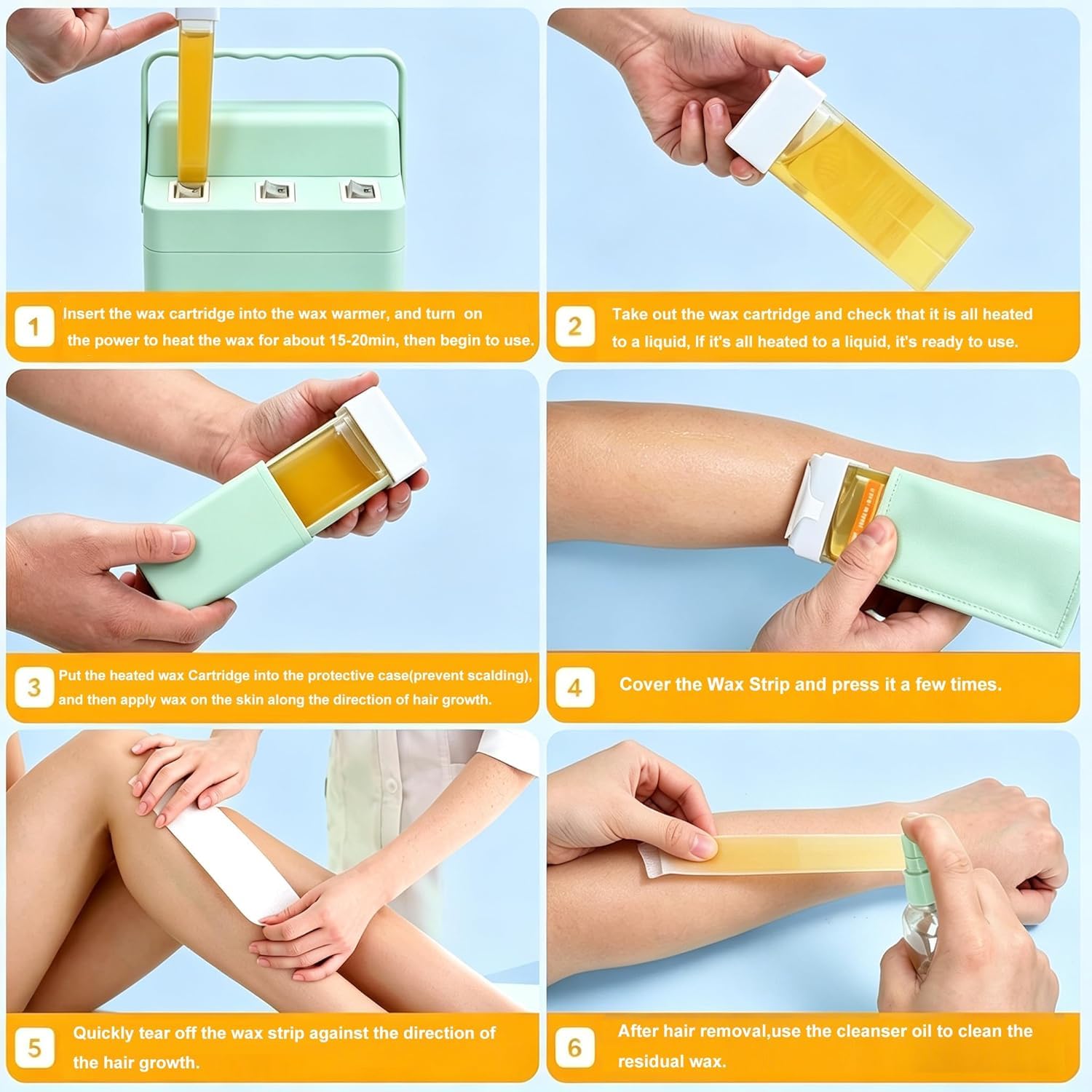 3-in-1-Roll-on-Wachs-Set, schnell aufheizendes Wachsschmelzgerät mit 3 Nachfüllrollen mit Honigwachs, Wachsroller-Heizset für die Ganzkörper-Haarentfernung (Grün, 3 in 1)