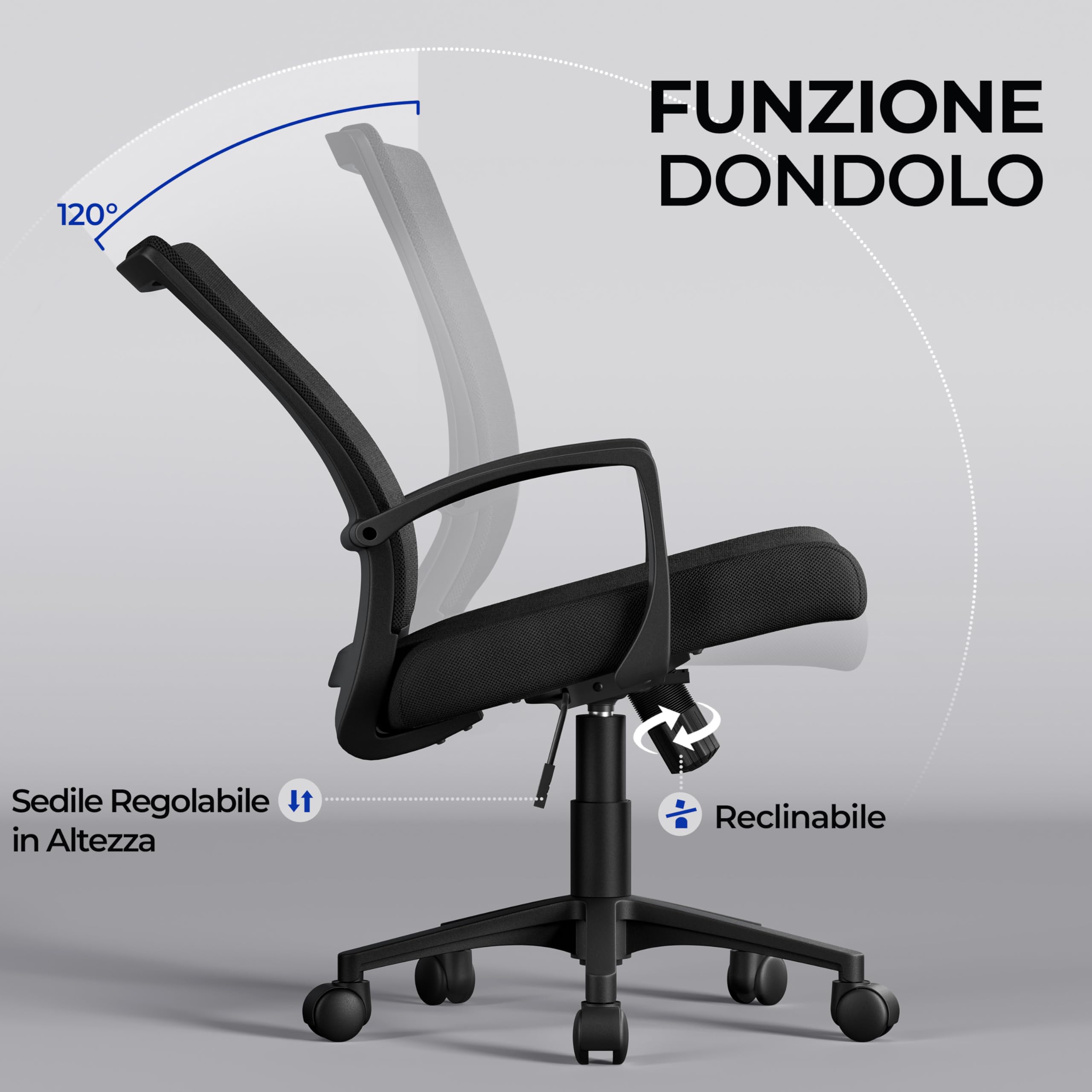 Yaheetech Sedia da Ufficio Scrivania Ergonomica Lombare in Rete Traspirante Reclinabile Altezza Regolabile Girevole con Braccioli e Ruote Portata 136 kg Nera