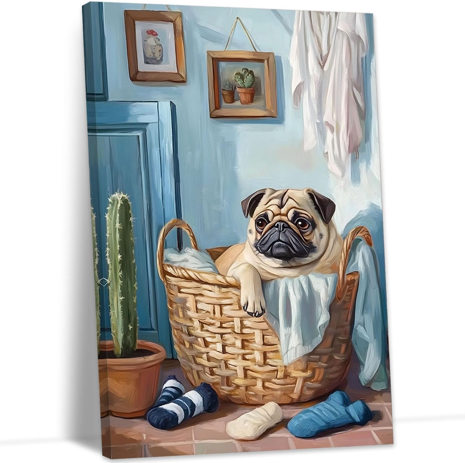 YMXZHUANSH Laundry Canvas Wall Art Funny Dog Pictures Vintage Laundry Room Artwork for Wall for Wash Room Bathroom Laundromat Decor Frame(Blue 12L x 18W)