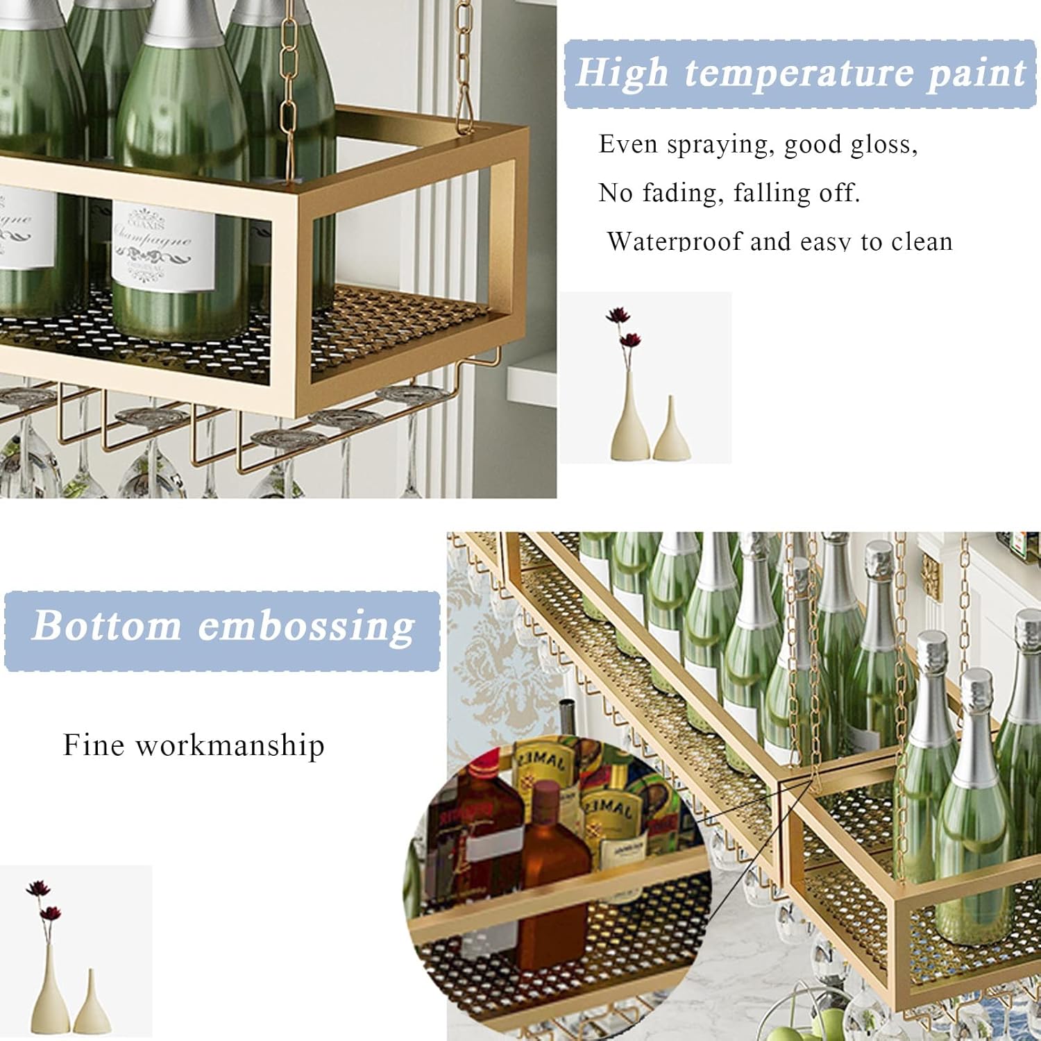 天井吊り下げバーユニット 吊り下げワイングラスラック ワインラック 天井装飾棚 バー、レストラン用 ワインボトル収納棚 逆さまステム