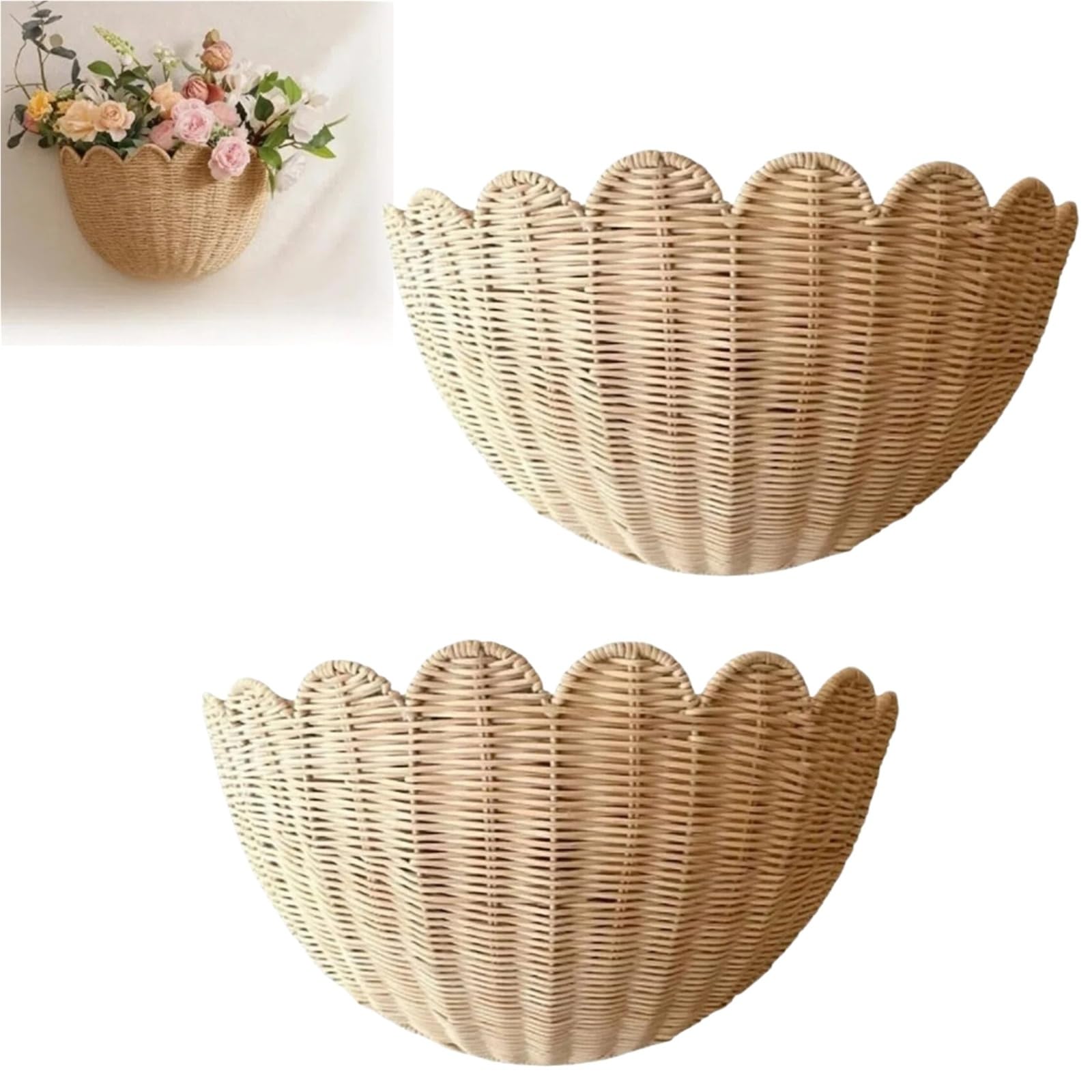 2Pcs Scalloped Wicker Wall Basket, Rustic Wall Hanging Woven Basket for Fruit/Plant/Toiletries in Kitchen/Bathroom/Living Room Decor, 14x6x8 Inch