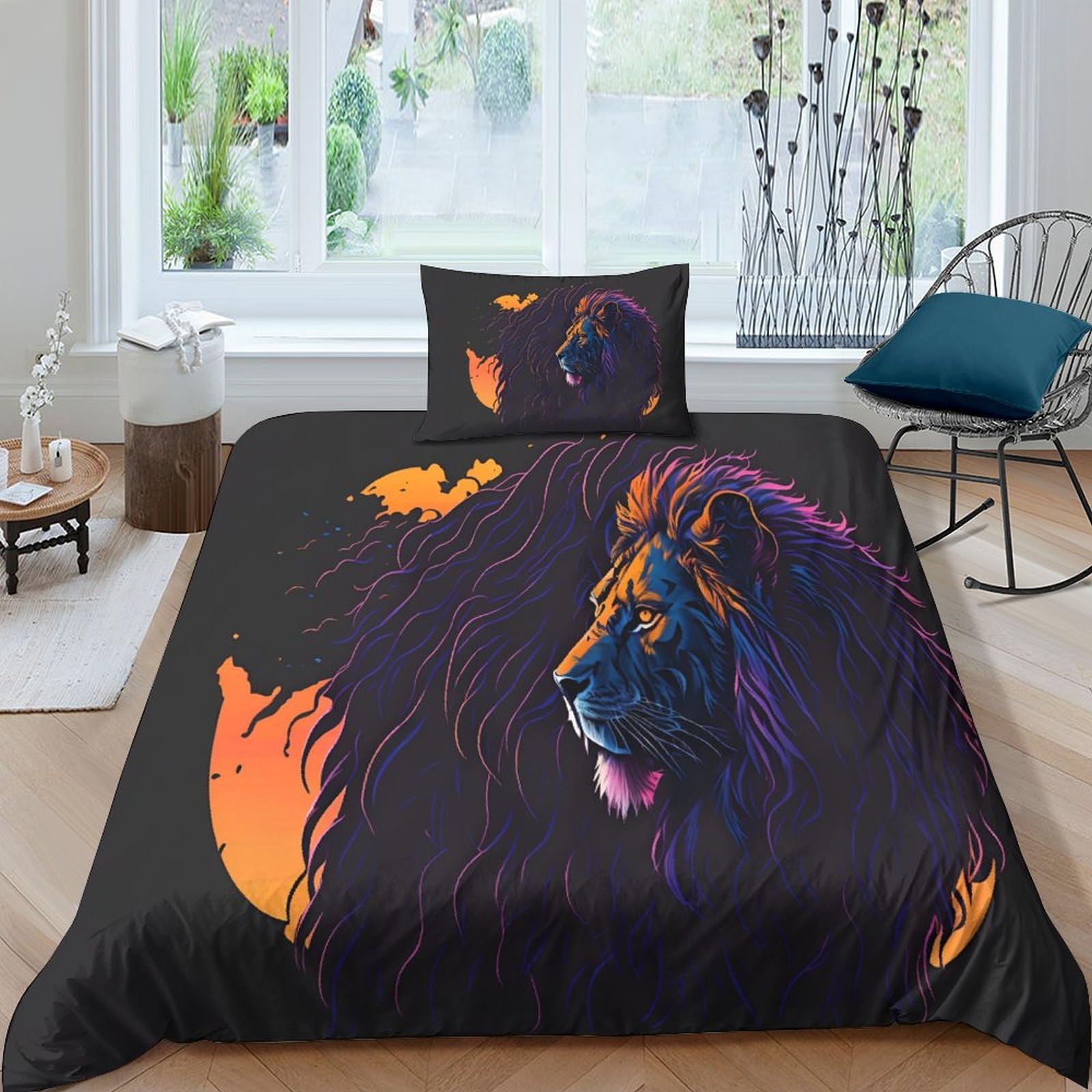 Housse de couette lion noir douce et lisse pour lit 1 personne