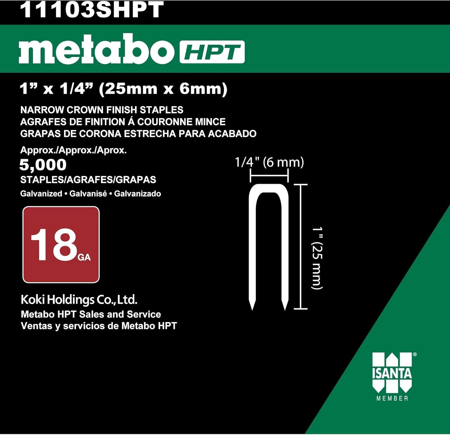 Metabo HPT 11103SHPT 1" x 18 Gauge 1/4" Crown Electro Galvanized Finish Staples 5000 count