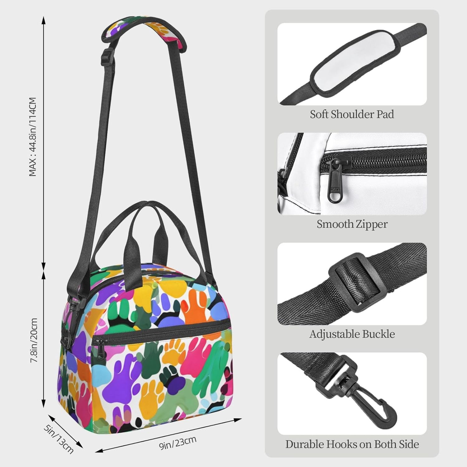 Colorful Dog Paw Print Lunch Bags For Women,Leakproof Insulated Lunch Box, Adjustable Shoulder Strap For Work Picnic
