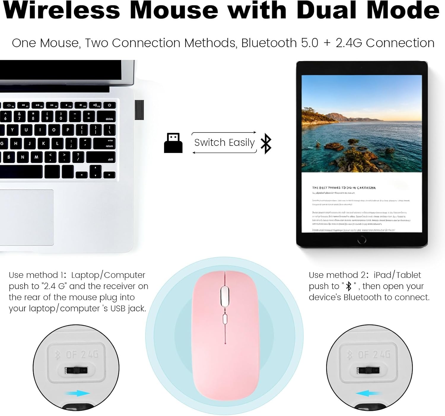 for 10.2"&10.5" iPad 9th/8th/7th Generation Keyboard Case with Mouse, for iPad Pro 10.5"/iPad Air 3rd Gen Wireless Detachable Folio Keyboard Cover with Mouse & Pencil Holder, Pink