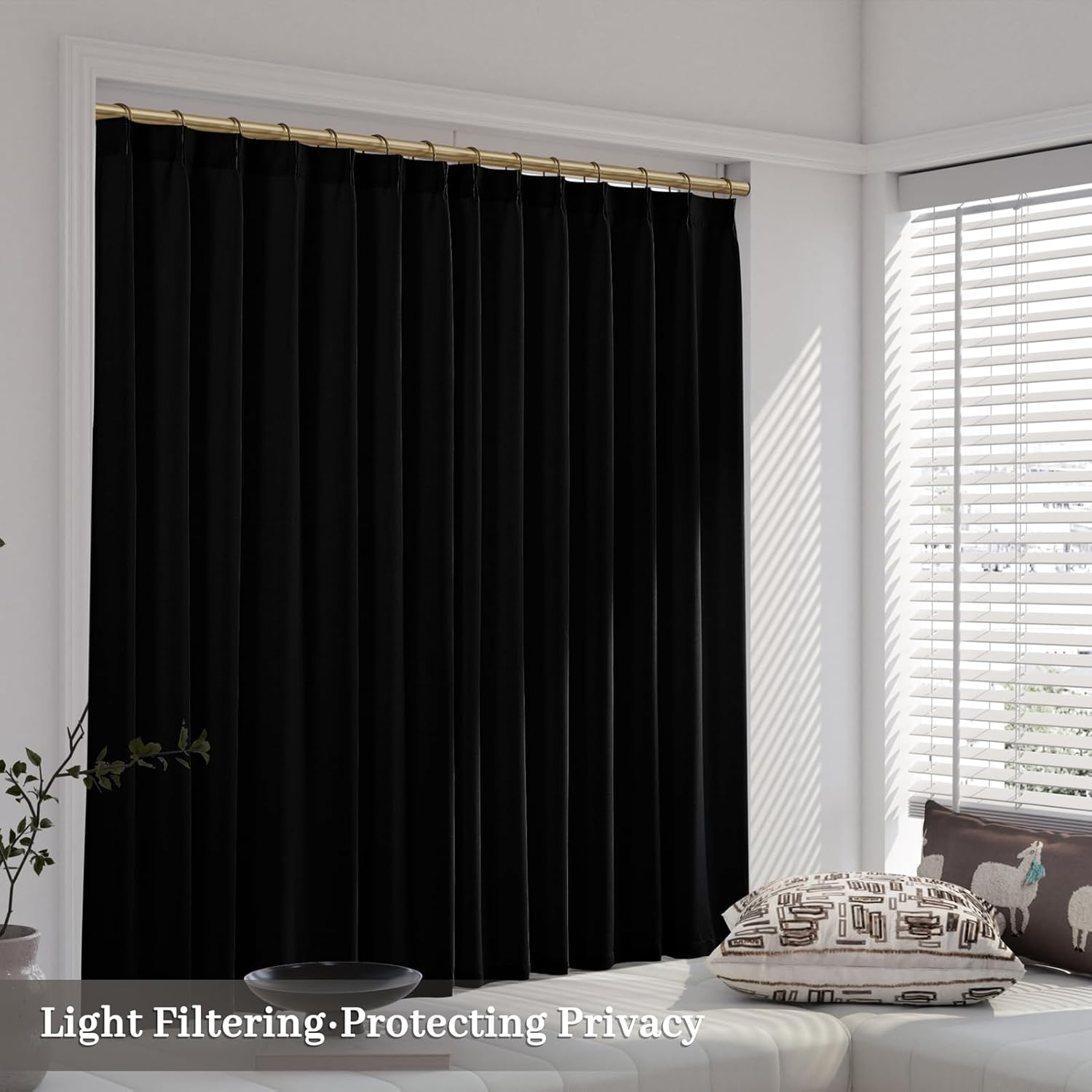 Black Linen Pinch Pleated Curtains 63 Inches Length for Cafe, Light Filtering Memory Training Shaped Short Non-See-Through Privacy Semi Sheer Curtain for Kitchen 2 Panels 40" W x 63" L Neutral