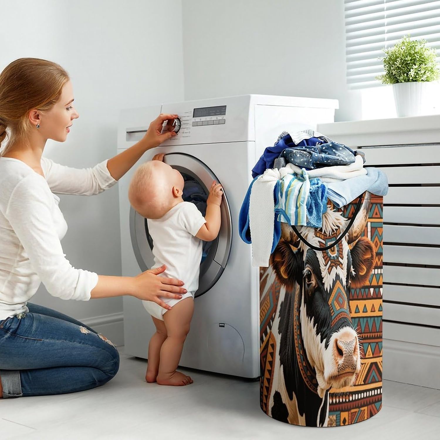 Aztec Ethnic Tribal Cow Laundry Basket 86L Laundry Hamper | Collapsible Clothes Hamper with Reinforced Handles Waterproof Tall Foldable Dirty Clothes Basket for Hotel, Home, Closet