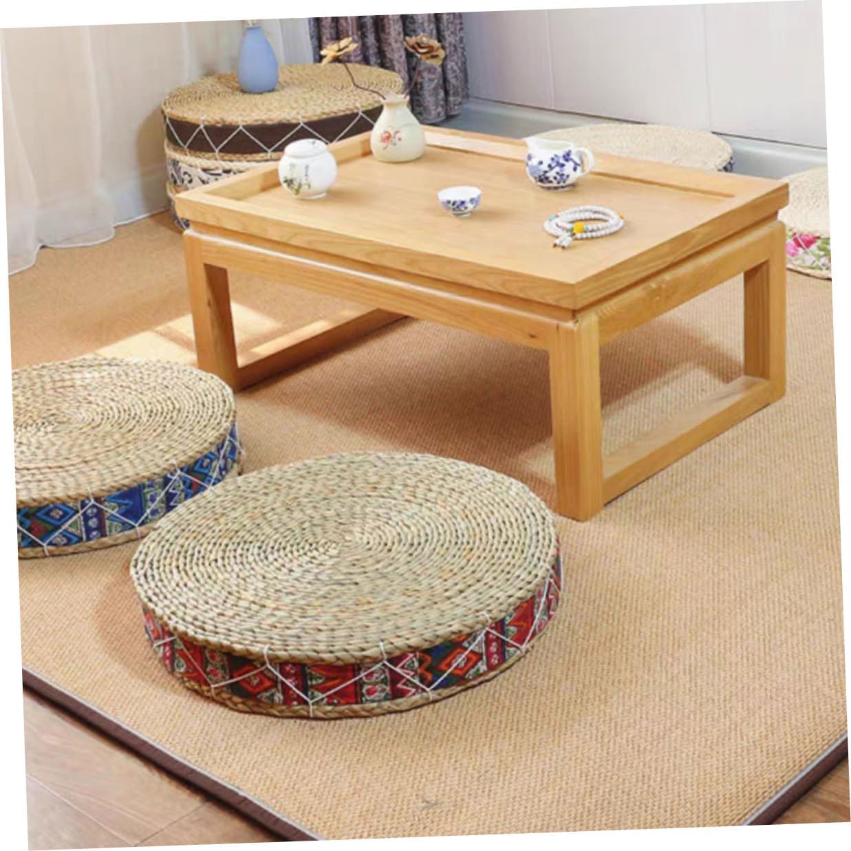 Woven Floor Cushion 30cm Diameter X 7cm Height, Straw Braided Seat Mat, Traditional Japanese Tatami Style, Bohemian Red Indoor Floor Pillow for Meditation and Home Seating