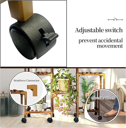 Miniatura 5 de Qilebi Soporte para plantas de interior con ruedas, soporte de madera para múltiples plantas, soporte para plantas de 9 niveles, soporte para