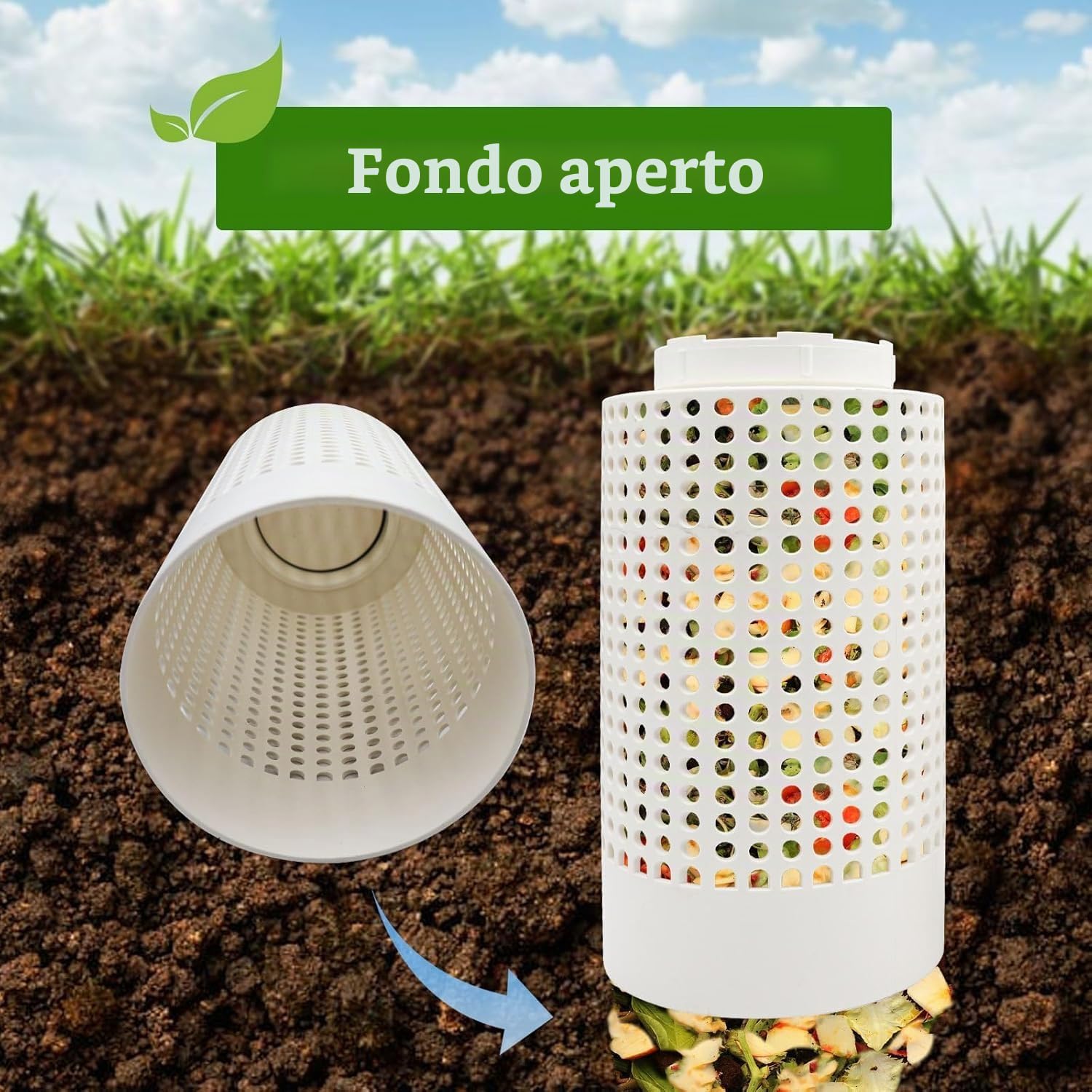 Set 2 Compostiere Interrate da Giardino, Compostiera in Plastica con Coperchio e Fori, Vermicompost per Orto, Serra, Rifiuti Organici e Scarti da Cucina