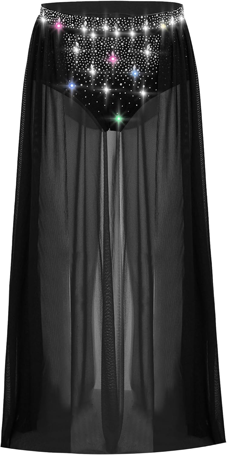 Kids Girls Shiny Rhinestones Maxi Skirt Dance Costume Built in Briefs Open Front Skirt