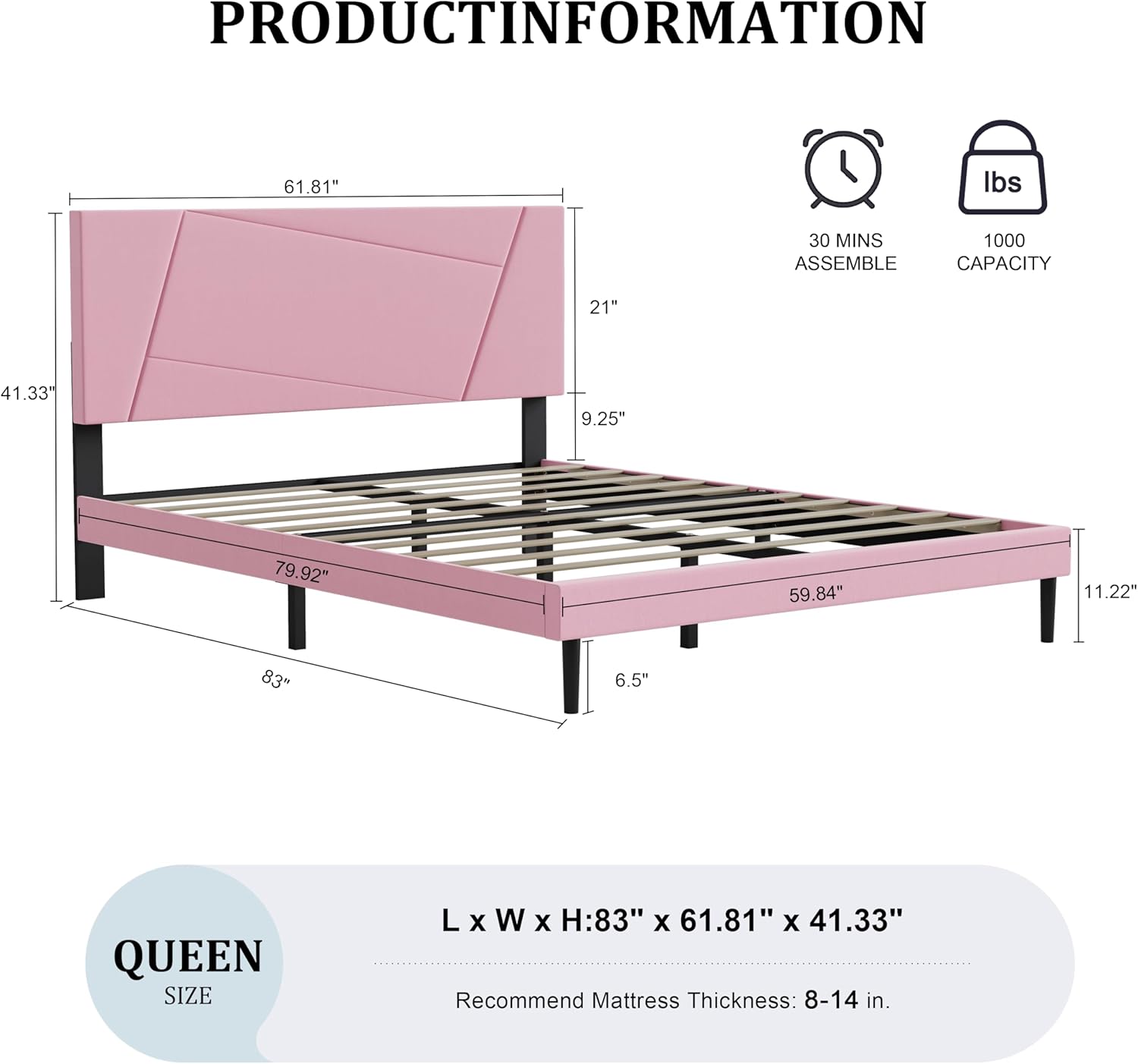 Queen Size Bed Frame Platform with Velvet Upholstered Headboard, Geometric, Sturdy Frame and Wooden Slats, Noiseless, No Box Spring Required, Easy to Assemble,Pink
