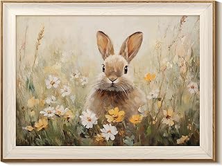 InSimSea Framed Canvas Wall Art Funny Easter Bunny Prints Wall Decor Cute Rabbit in Wildflowers Aesthetic Room Décor Floral Spring Artwork for Kids Room, Living Room, Bedroom or Festive Spaces 12x16In