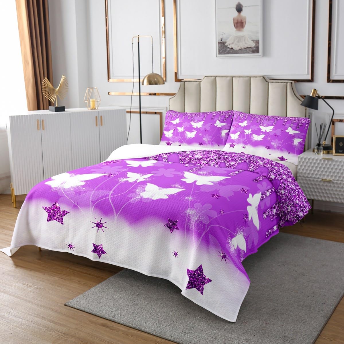 Feelyou Purple Glitter Print Bedspread Twin Size Butterfly Coverlet Set Tie Dye Print Quilt Set Star Decor Bedding Collection for Boys Girls Kids Adults