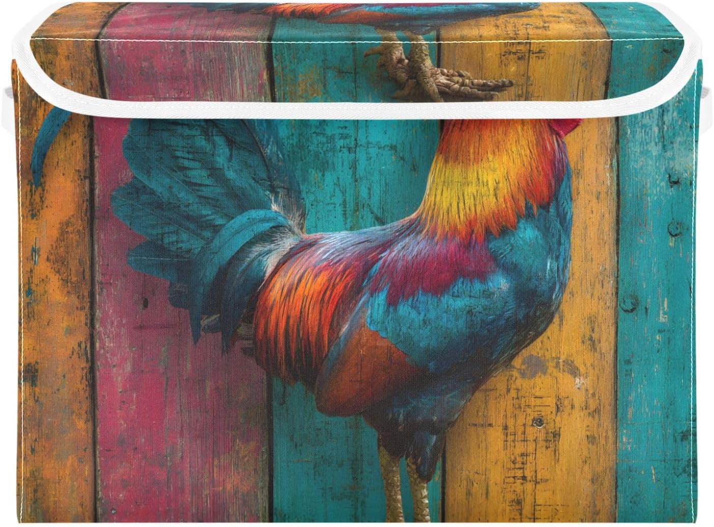 Collapsible Storage Box Colorful Wooden Rooster Storage Bin with Lids